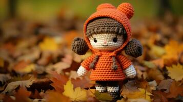ein häkeln Puppe tragen ein Orange Outfit im das Blätter generativ ai foto