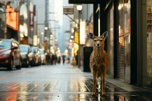 ein Hirsch Stehen auf ein Stadt Straße im das Regen generativ ai foto