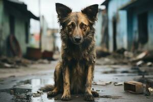 ein Hund Sitzung auf das Boden im Vorderseite von ein Gebäude generativ ai foto