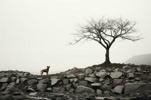 ein Hund Stehen im Vorderseite von ein Baum auf ein felsig Hügel generativ ai foto