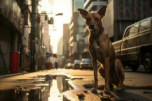 ein Hund Sitzung auf das Seite von das Straße generativ ai foto