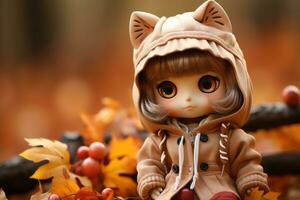 ein Puppe tragen ein mit Kapuze Mantel Sitzung auf das Boden im Herbst Blätter generativ ai foto