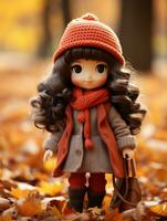 ein Puppe tragen ein Herbst Outfit steht im das Blätter generativ ai foto