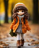 ein Puppe tragen ein Orange Mantel und Hut ist Gehen im das fallen generativ ai foto