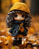 ein Puppe mit lockig Haar und ein Gelb Hut steht im das Herbst Blätter generativ ai foto
