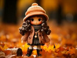 ein Puppe mit lange Haar Stehen im ein Stapel von gefallen Blätter generativ ai foto