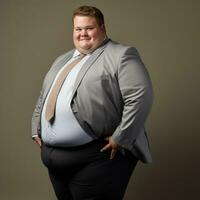 ein Fett Mann im ein passen und Krawatte posieren zum das Kamera generativ ai foto