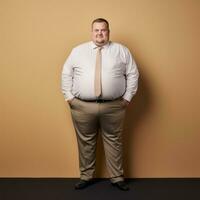ein Fett Mann im ein Weiß Hemd und Krawatte Stehen gegen ein bräunen Hintergrund generativ ai foto