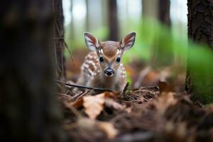 ein Kitz im das Wald suchen beim das Kamera generativ ai foto