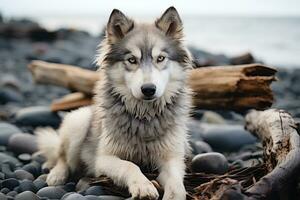 ein grau und Weiß heiser Hund Sitzung auf das Strand generativ ai foto