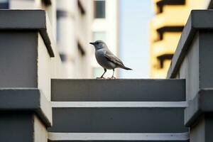 ein grau Vogel Stehen auf das Kante von ein Treppe generativ ai foto