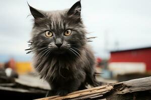 ein grau Katze ist Stehen auf oben von ein Log generativ ai foto
