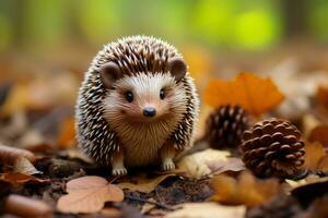 ein Igel ist Sitzung auf das Boden umgeben durch Blätter generativ ai foto