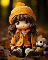 ein wenig Mädchen tragen ein Orange Mantel und Hut sitzt auf das Boden mit ein ausgestopft Tier generativ ai foto