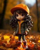 ein wenig Mädchen tragen ein Orange Hut und Jacke Stehen im das Herbst Blätter generativ ai foto