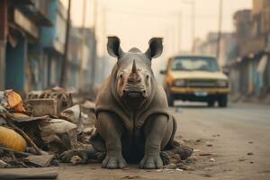 ein Nashorn sitzt auf das Seite von das Straße generativ ai foto