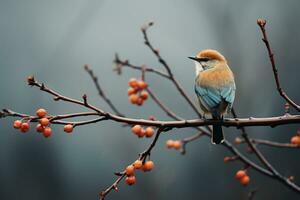 ein klein Vogel ist Sitzung auf ein Ast mit Beeren generativ ai foto