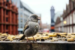 ein klein Vogel ist Stehen auf ein Leiste generativ ai foto