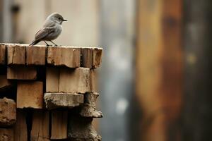 ein klein Vogel thront auf oben von ein Stapel von Holz generativ ai foto