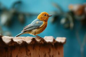 ein klein Blau und Gelb Vogel Sitzung auf ein Dach generativ ai foto