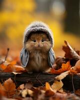 ein klein pelzig Tier tragen ein Jacke und Hut im das fallen Blätter generativ ai foto