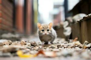 ein klein Hamster Sitzung auf das Boden im Vorderseite von ein Gebäude generativ ai foto