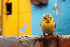 ein klein Gelb Vogel Sitzung auf ein Mauer im Vorderseite von ein Blau und Gelb Gebäude generativ ai foto