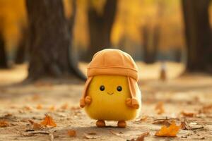 ein klein Gelb Vogel tragen ein Hut im das Mitte von ein Herbst Wald generativ ai foto