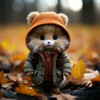 ein ausgestopft Tier tragen ein Jacke und Hut im Herbst Blätter generativ ai foto