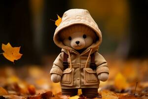 ein Teddy Bär tragen ein Mantel und Hut im das Herbst Blätter generativ ai foto