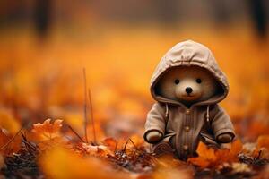 ein Teddy Bär tragen ein mit Kapuze Jacke Sitzung im das Mitte von ein Feld von Herbst Blätter generativ ai foto