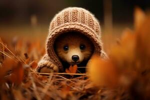 ein Teddy Bär tragen ein gestrickt Hut im das Herbst Blätter generativ ai foto