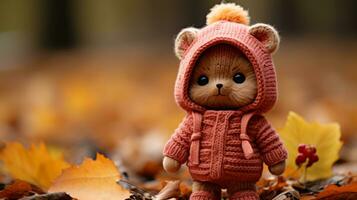 ein Teddy Bär tragen ein Rosa Jacke und Sitzung auf das Boden umgeben durch Herbst Blätter generativ ai foto