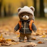 ein Teddy Bär tragen ein Jacke und Hut steht im das Mitte von ein Herbst Park generativ ai foto