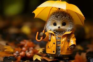 ein Spielzeug Igel halten ein Regenschirm im das Regen generativ ai foto
