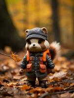 ein Spielzeug Waschbär tragen ein Orange Weste und Hut steht im das Mitte von ein Herbst Wald generativ ai foto
