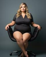 ein Frau im ein schwarz Kleid Sitzung auf ein Büro Stuhl generativ ai foto