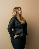 ein Frau im ein schwarz Leder Jacke Stehen gegen ein Beige Hintergrund generativ ai foto