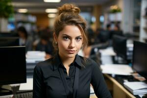 ein Frau im ein schwarz Hemd Sitzung beim ein Schreibtisch im ein Büro generativ ai foto