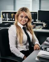 ein Frau im ein Weiß Hemd und schwarz Krawatte Sitzung beim ein Schreibtisch generativ ai foto