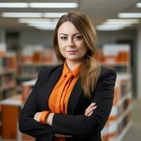 ein Frau im ein Orange Hemd und schwarz Blazer steht im Vorderseite von Bücherregale generativ ai foto