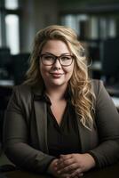 ein Frau im Brille Sitzung beim ein Schreibtisch im ein Büro generativ ai foto