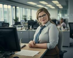 ein Frau im Brille Sitzung beim ein Schreibtisch im ein Büro generativ ai foto
