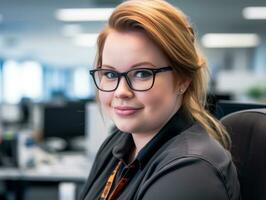 ein Frau im Brille Sitzung beim ein Schreibtisch im ein Büro generativ ai foto