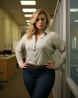 ein Frau im Jeans Stehen im ein Büro mit ihr Hände auf ihr Hüften generativ ai foto