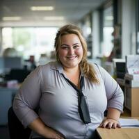 ein Frau Sitzung beim ein Schreibtisch im ein Büro generativ ai foto