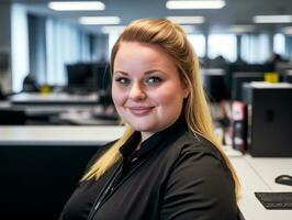 ein Frau Sitzung beim ein Schreibtisch im ein Büro generativ ai foto