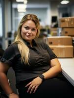 ein Frau Sitzung beim ein Schreibtisch im ein Büro generativ ai foto