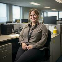 ein Frau Sitzung auf ein Stuhl im ein Büro generativ ai foto