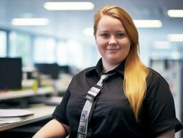 ein Frau tragen ein schwarz Hemd und Krawatte Stehen im ein Büro generativ ai foto